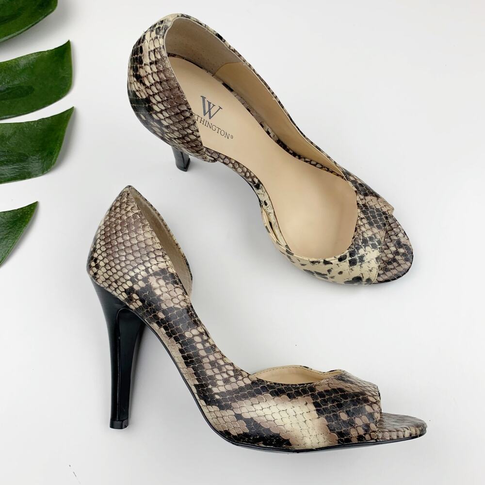 Worthington Pumps D'Orsay Peep Toe Heels Cream Snakeskin Print Shoes Womens 7.5W